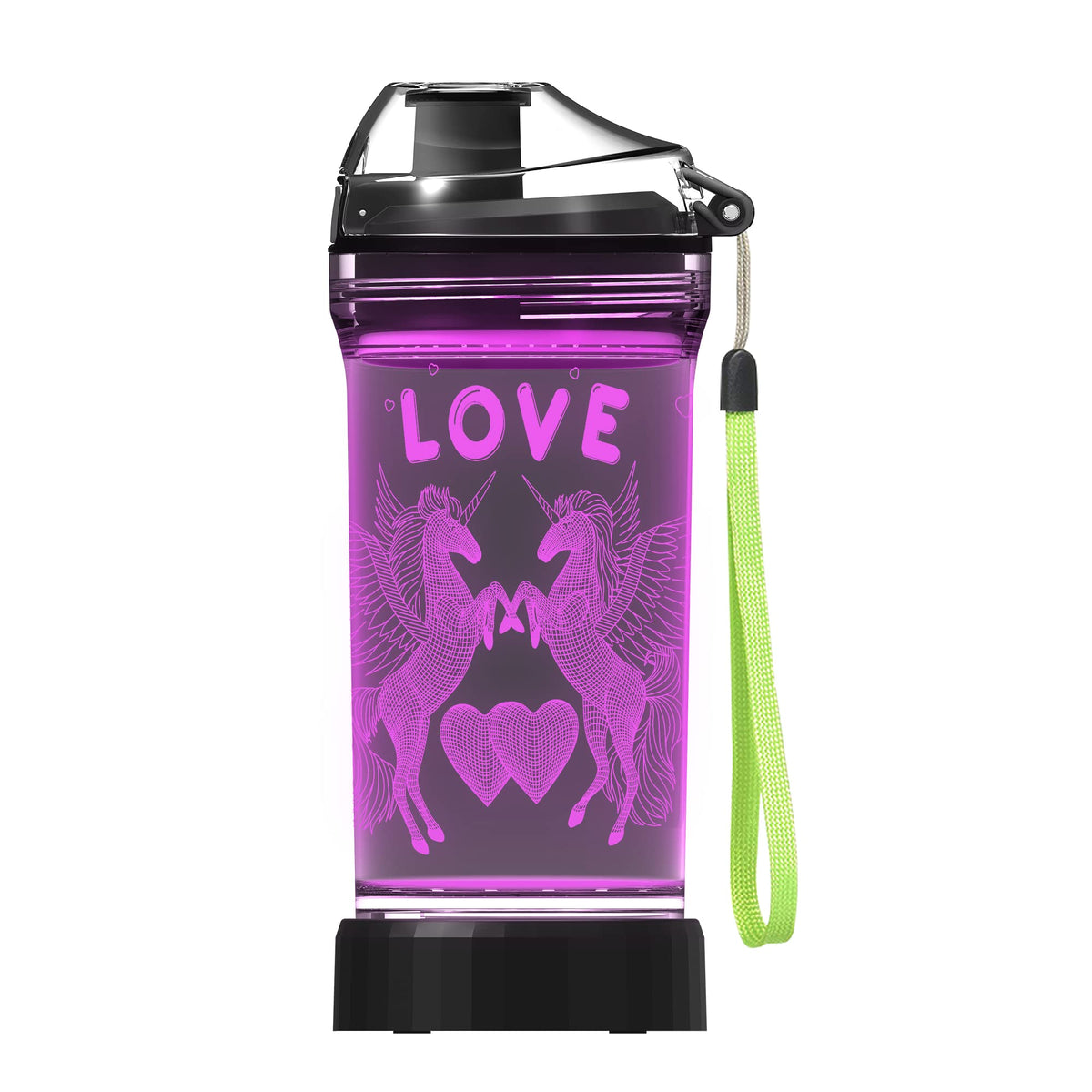 Lightzz front view of unicorn bottle showing clear Tritan and LED base for fun hydration