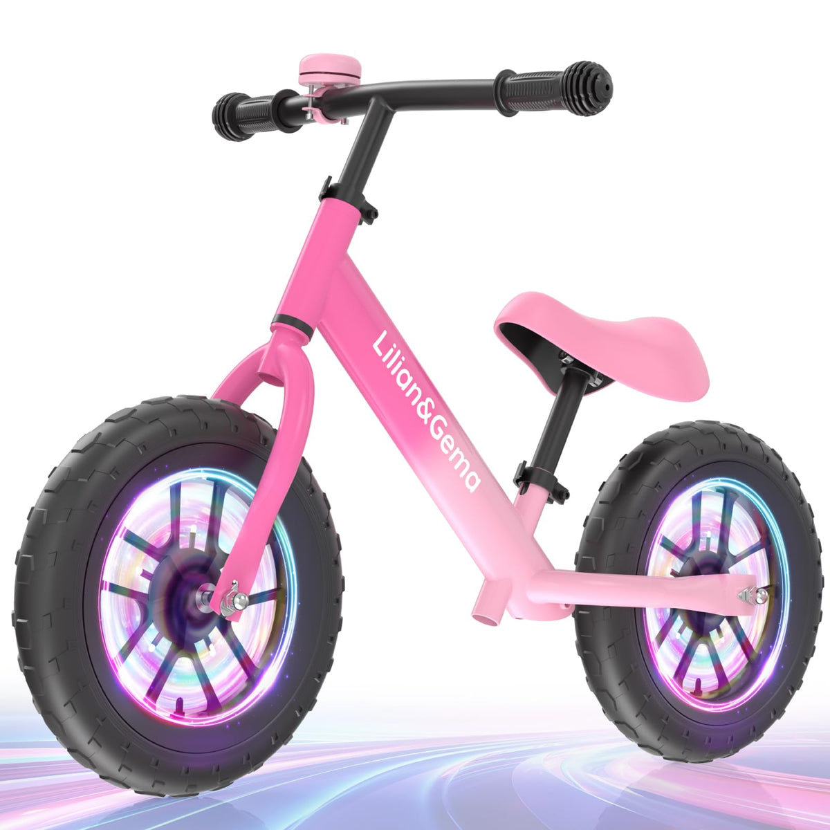 Lilian&Gema front profile of balance bike showing compact frame and colors for easy carry