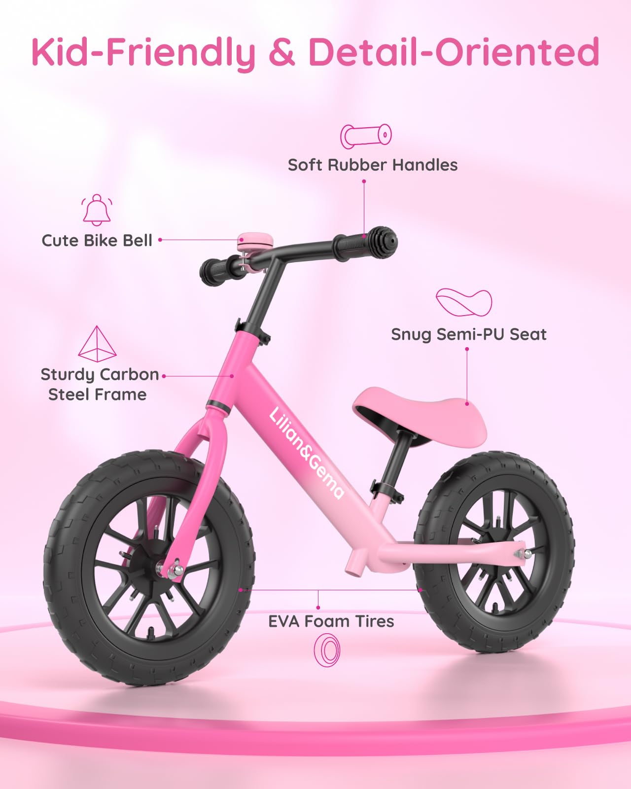 Lilian&Gema balance bike next to a toddler to show correct size and scale