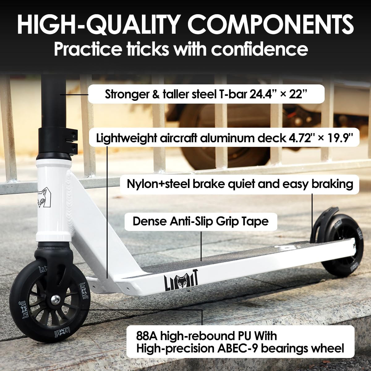 Limit scooter handlebars detail showing strong welds and comfortable grip