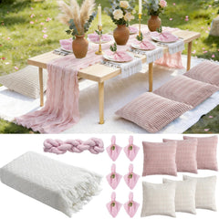 linastu front view of full boho picnic set showing blanket and linens, stylish ready-to-use