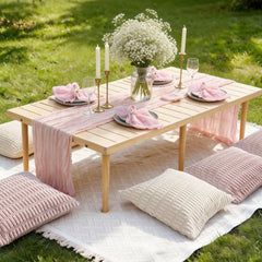 linastu pink table runner and napkin set on low picnic table, coordinated dining look