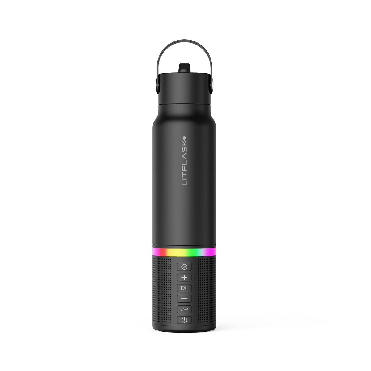 LitFlask front view showing bottle, speaker, and charger for multifunction convenience