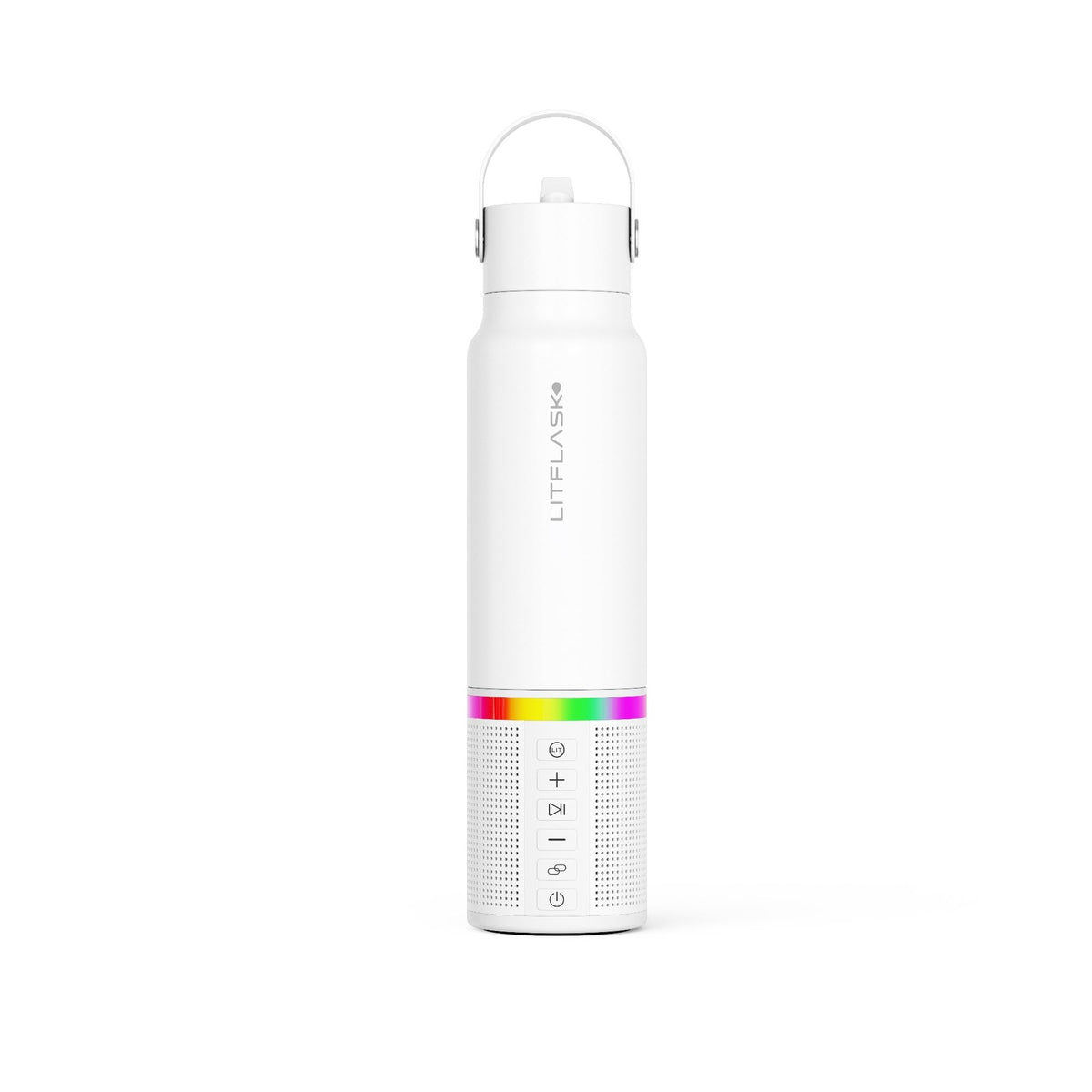 LitFlask front view showing bottle and speaker, brand convenience highlighted