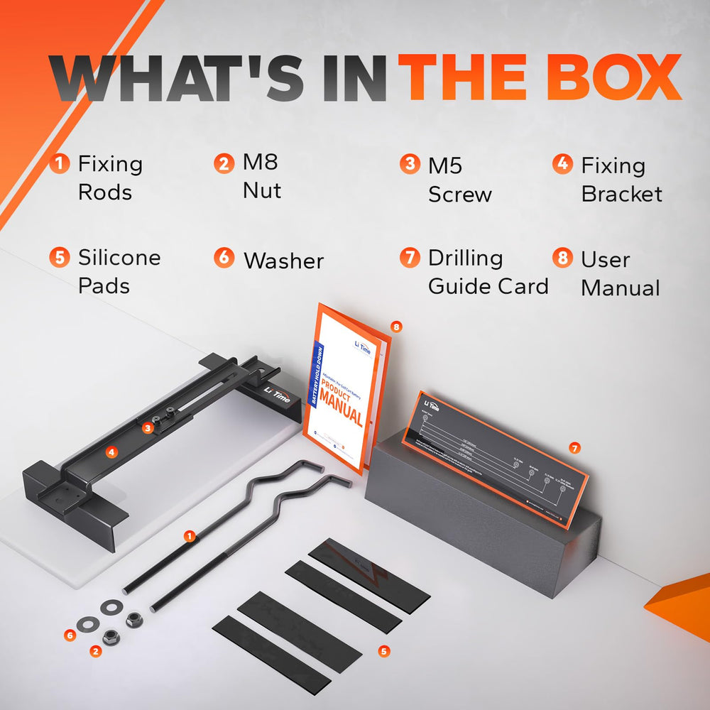 Litime packaged contents layout showing included bolts, clamps, and drilling guide