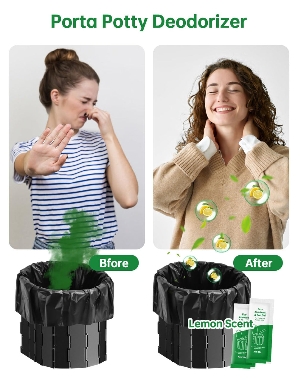 Liuwat packets poured into a portable toilet illustrating tidy odor control benefit