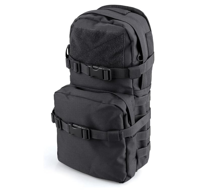 LIVANS hydration pack attached to plate carrier showing stable MOLLE fit