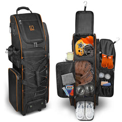 LIWSHWZ front view of rolling catchers bag showing organized compartments benefit portability