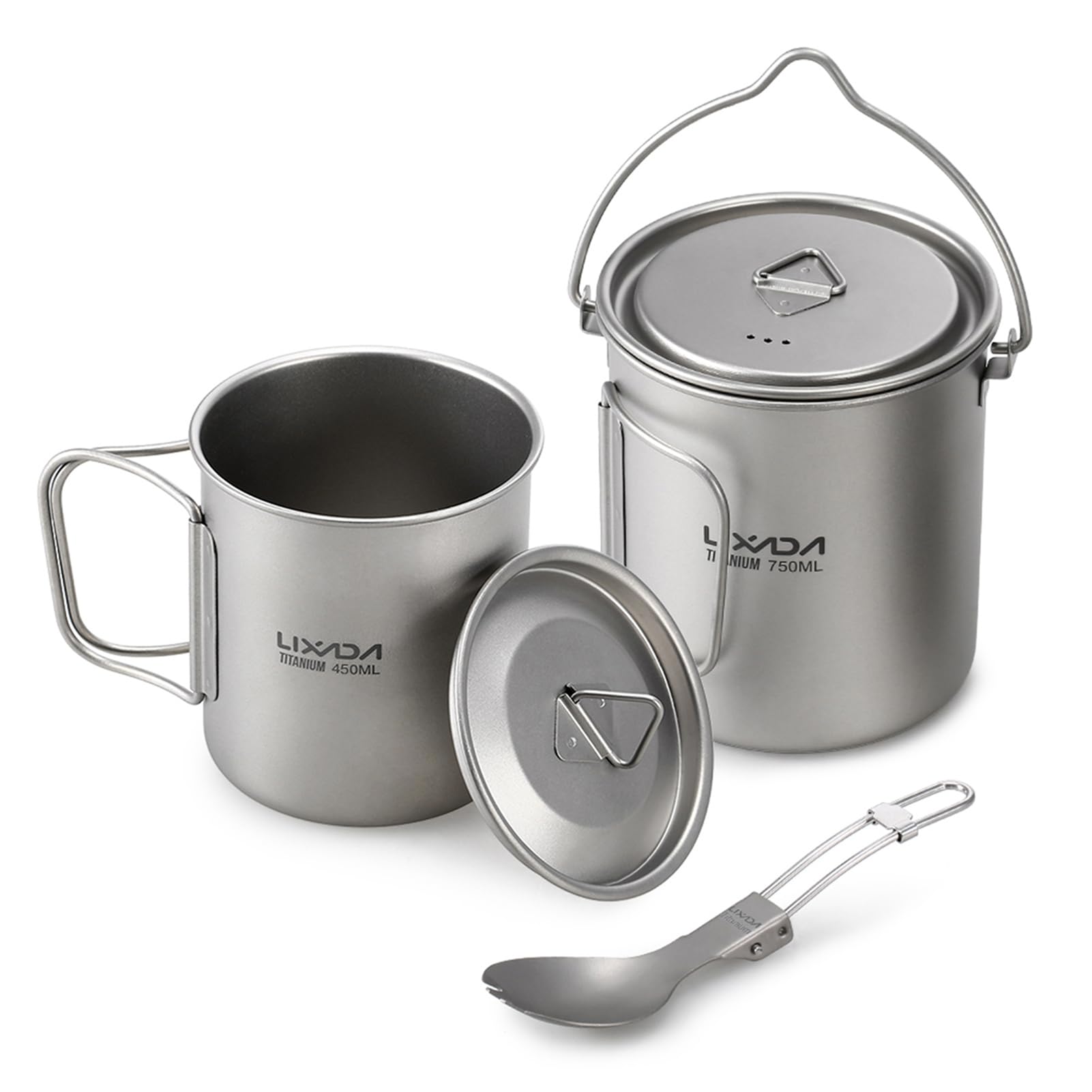 Lixada front view of pot and mug shows compact nesting and portability