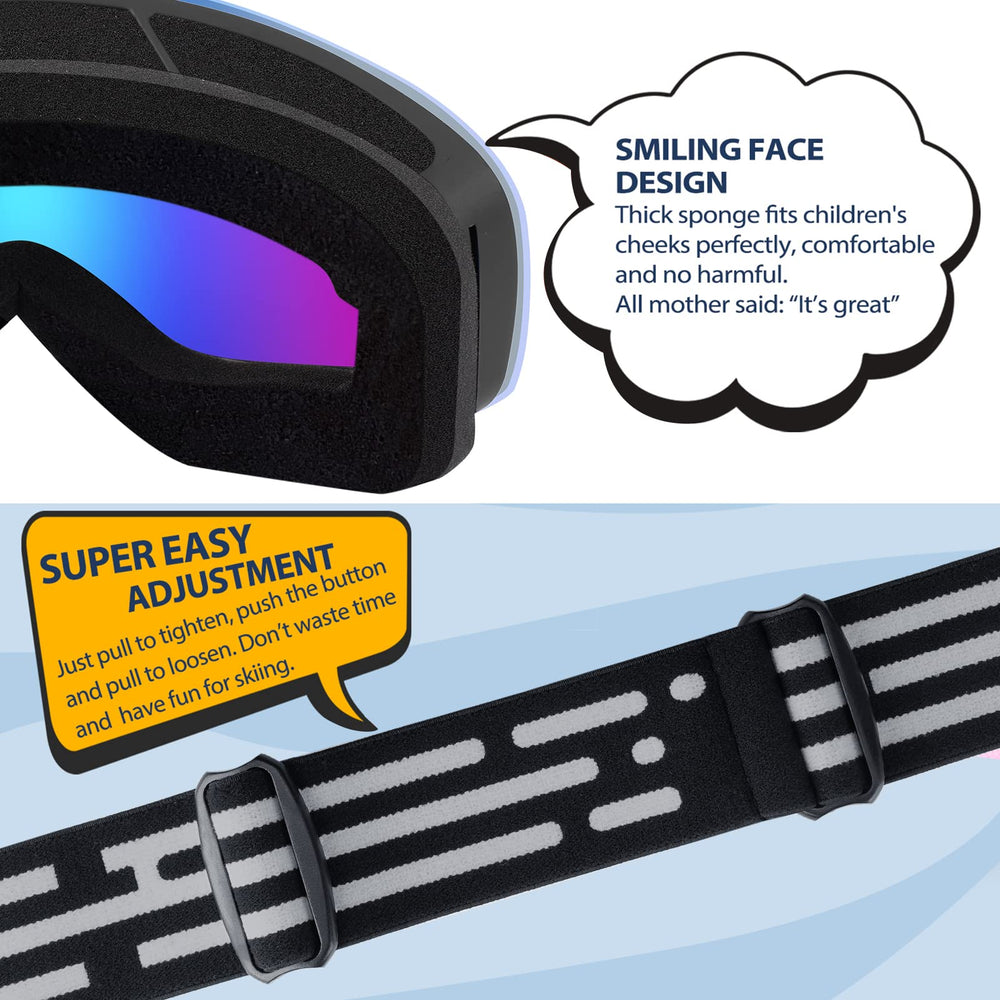 LOEO child wearing goggles on slope showing protection and comfortable wear
