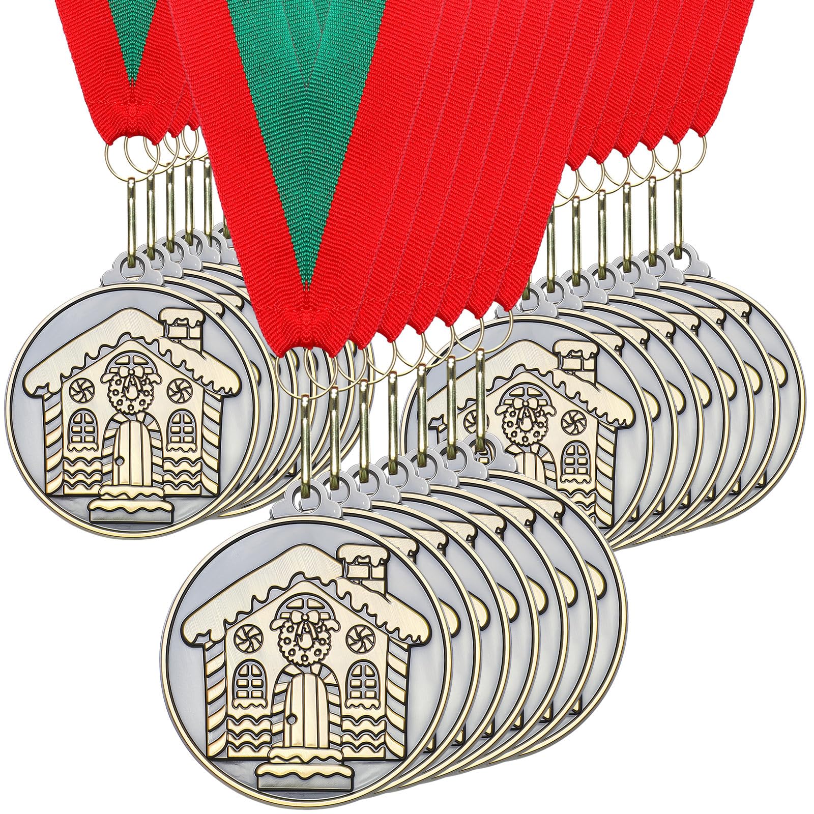 Loetere front view of gold gingerbread house medal, perfect for festive awards