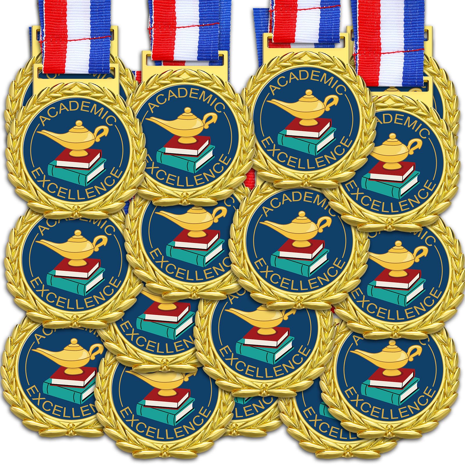 Loetere front view of gold medal and ribbons showing polished finish and instant presentation
