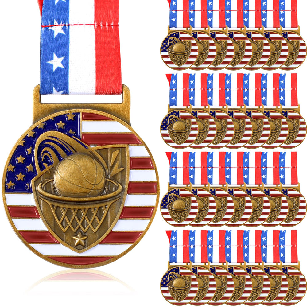 Loetere front view of gold basketball medal showing patriotic design and shiny finish
