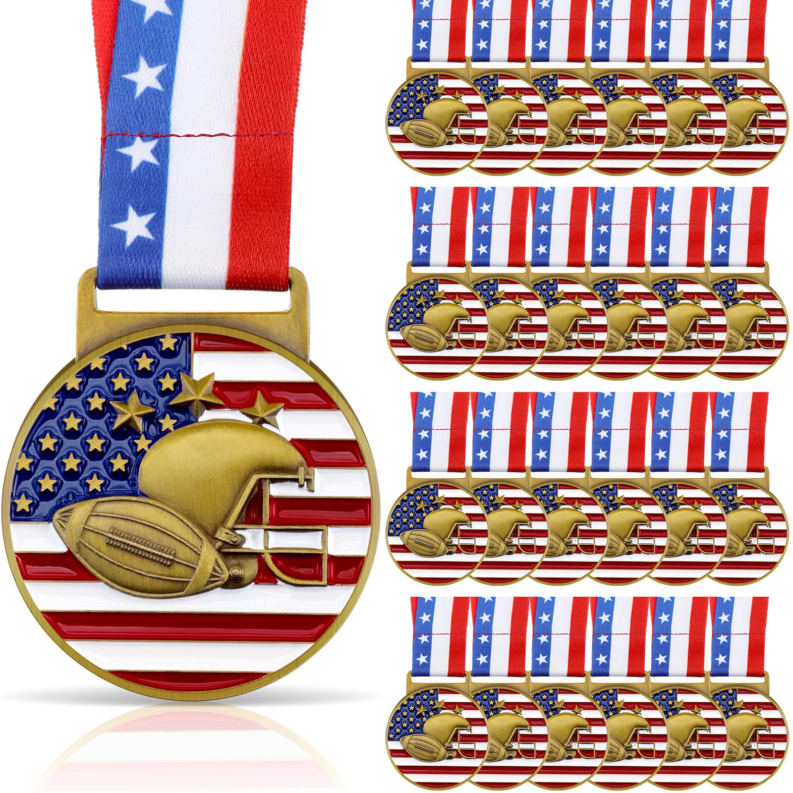 Loetere front view of gold football medal showing patriotic design and quality