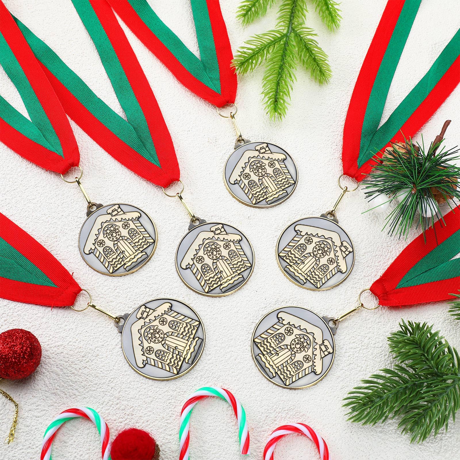 Loetere red and green ribbons on medals showing festive color options for events