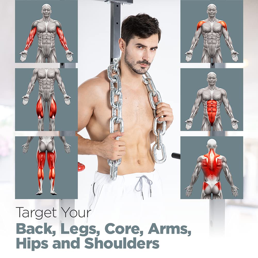 Logest chains draped over shoulders during pull-up showing added overload training benefit