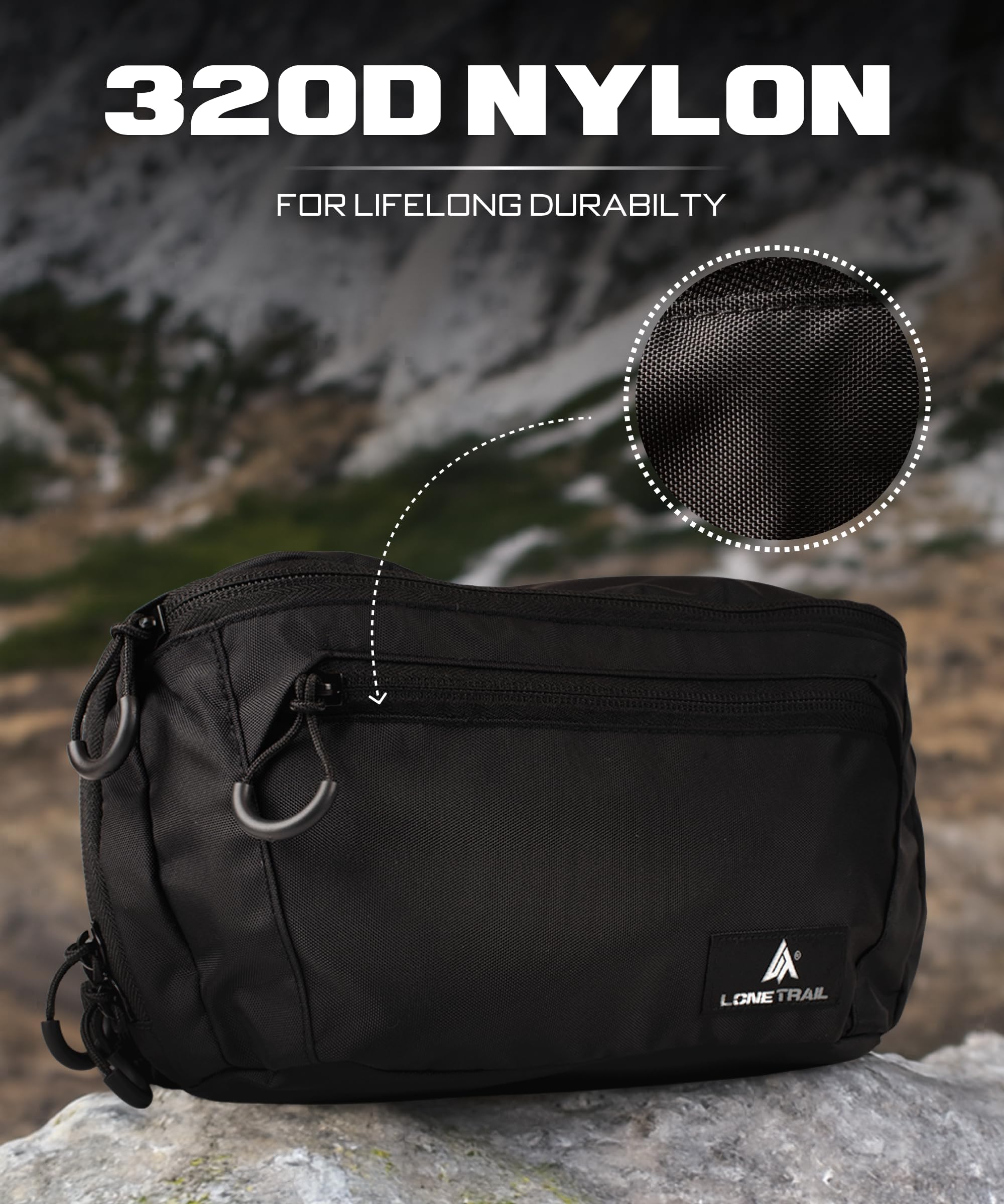 Lone Trail beside water bottle for scale showing true pack size and capacity benefit
