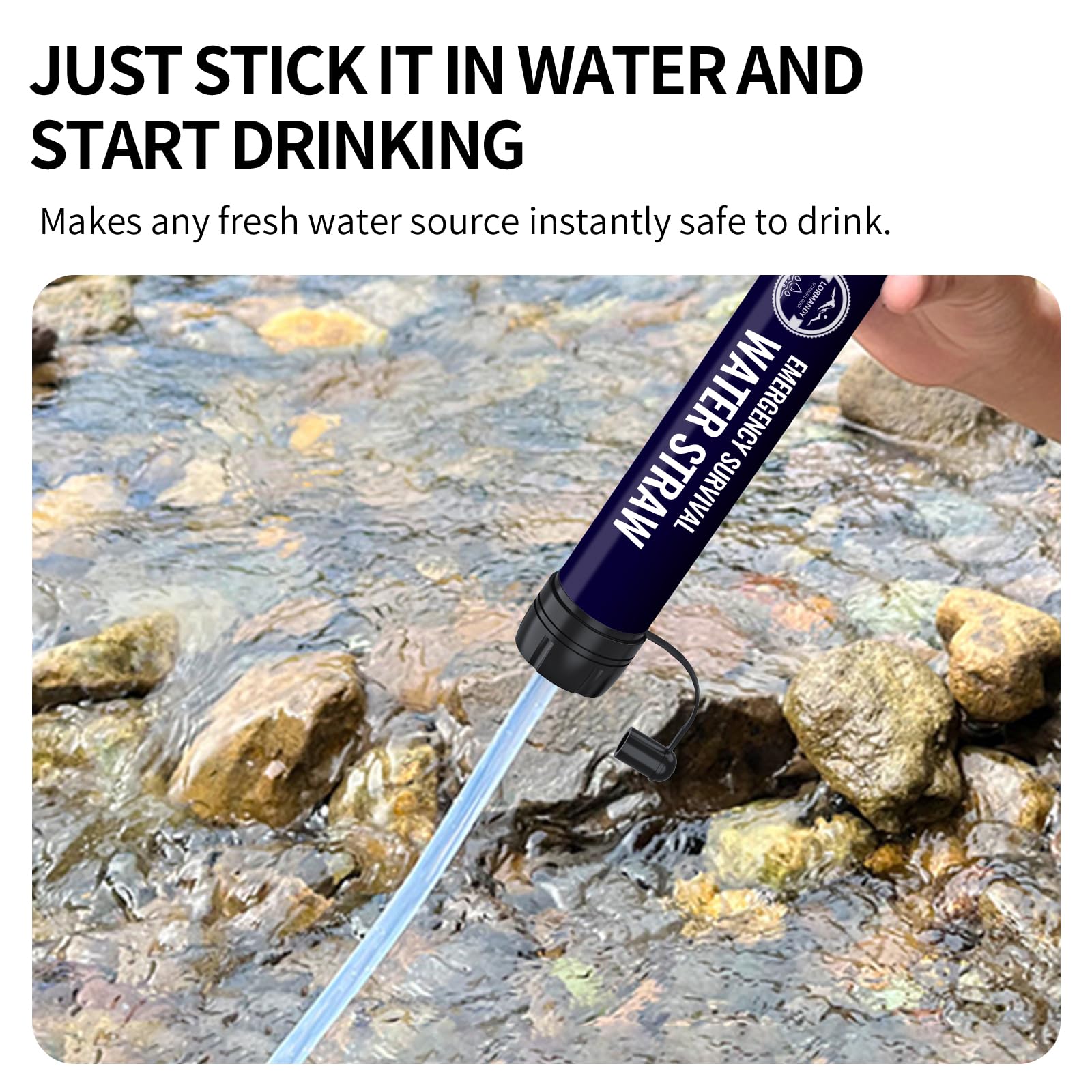 Lormandy filter straw in use at a stream for immediate clean hydration