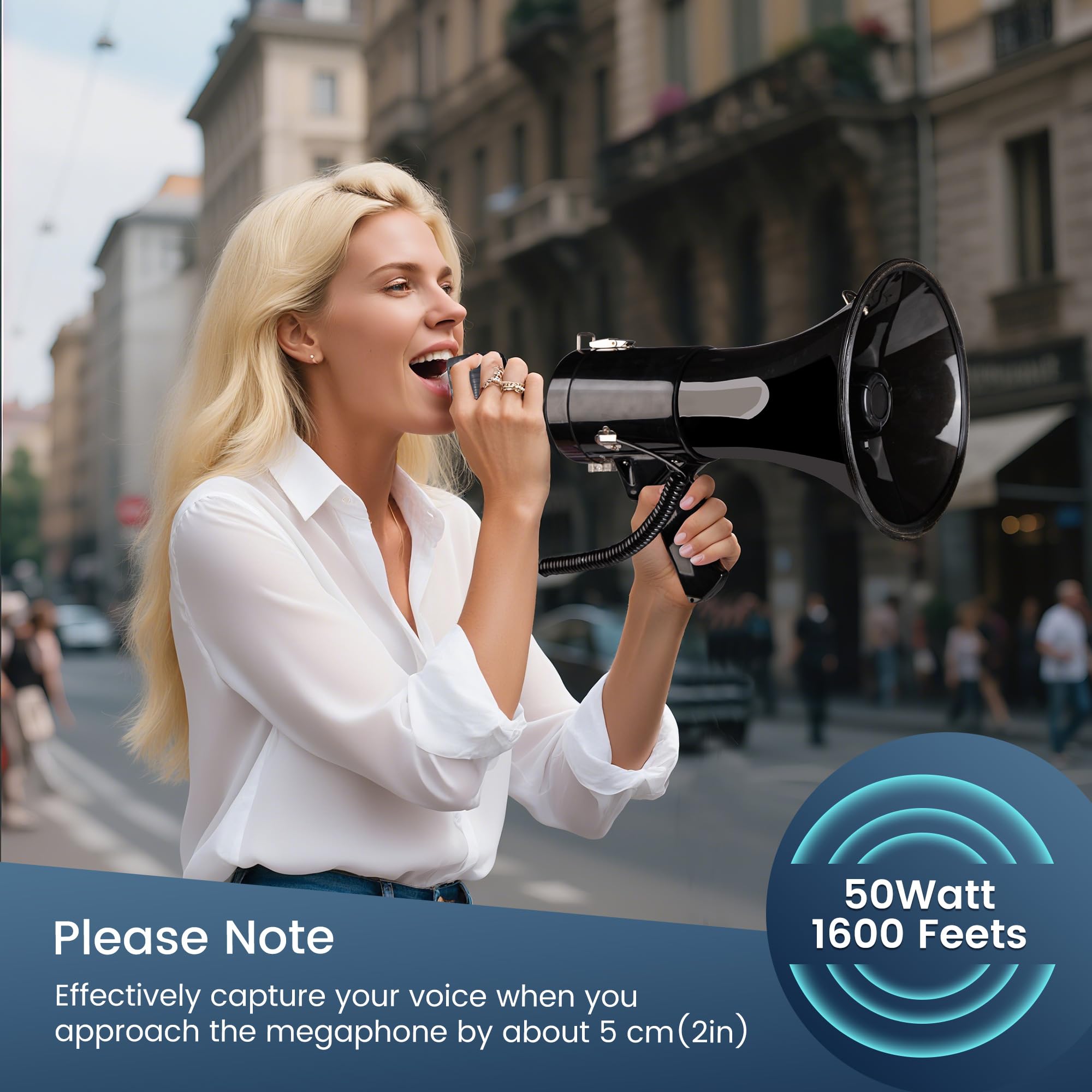 Loudmore megaphone with siren mode active to attract attention quickly