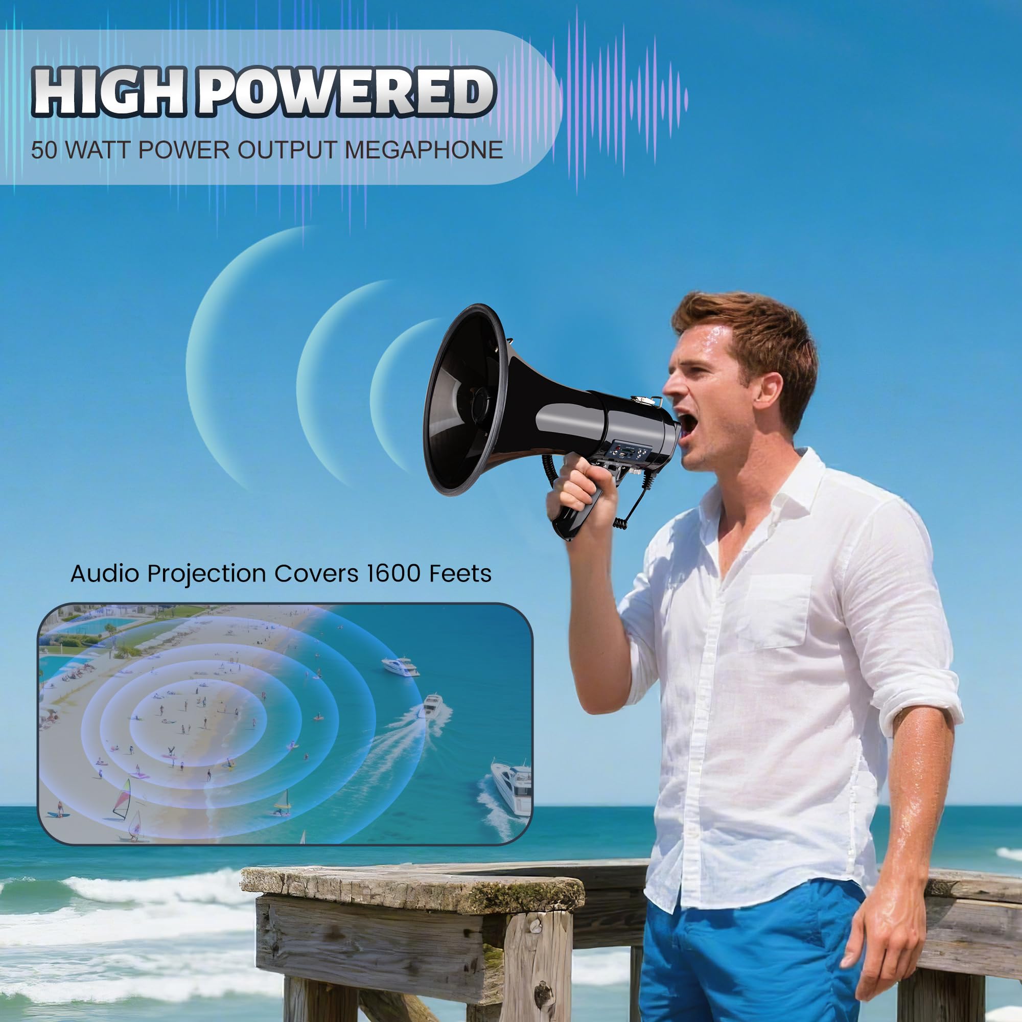 Loudmore megaphone held in hand to show compact size and portability benefit