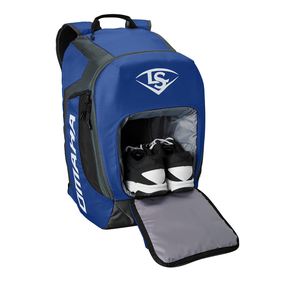 Louisville Slugger main compartment open holding helmet and glove for quick access