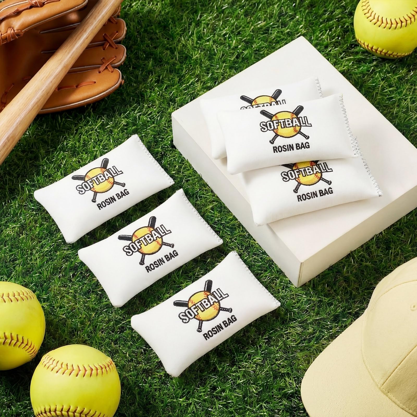 Lounsweer rosin bag used on softball field by player, improved grip benefit