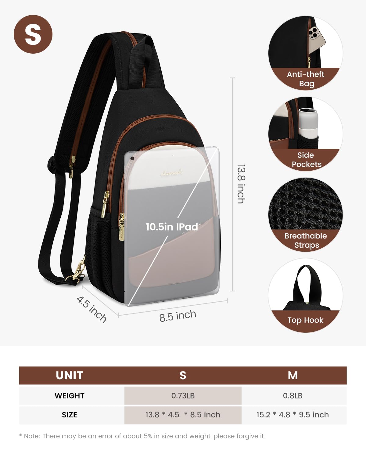 LOVEVOOK bag next to a 10.5-inch tablet showing size and capacity