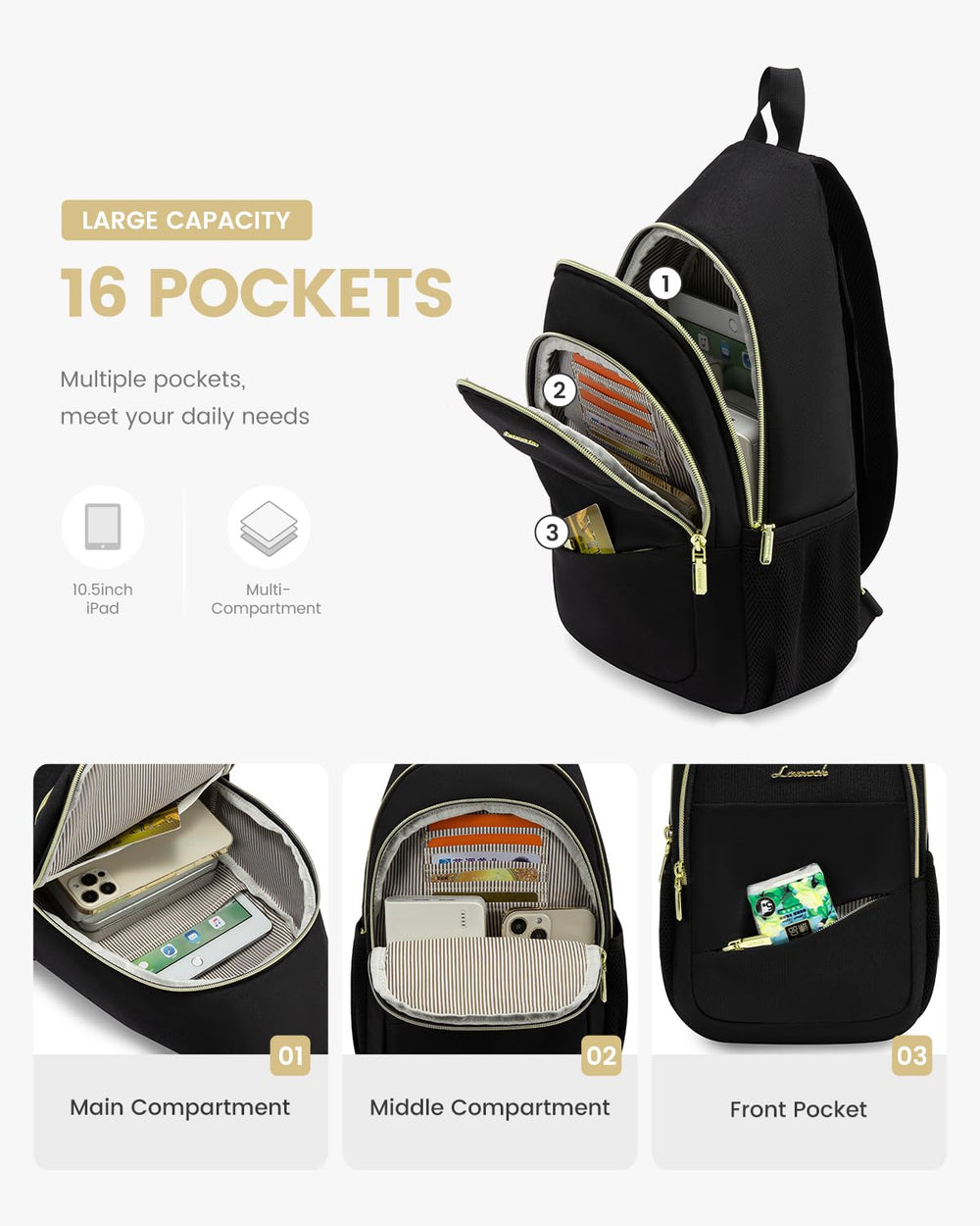 LOVEVOOK tablet compartment with 10.5-inch iPad showing protective padded fit