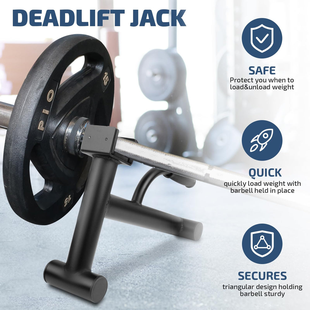 Lovind deadlift jack in use lifting loaded barbell to simplify plate changes and reduce strain