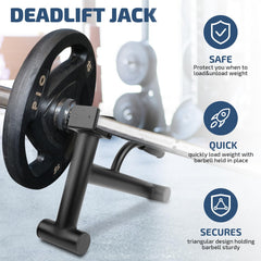 Lovind deadlift jack in use lifting loaded barbell to simplify plate changes and reduce strain