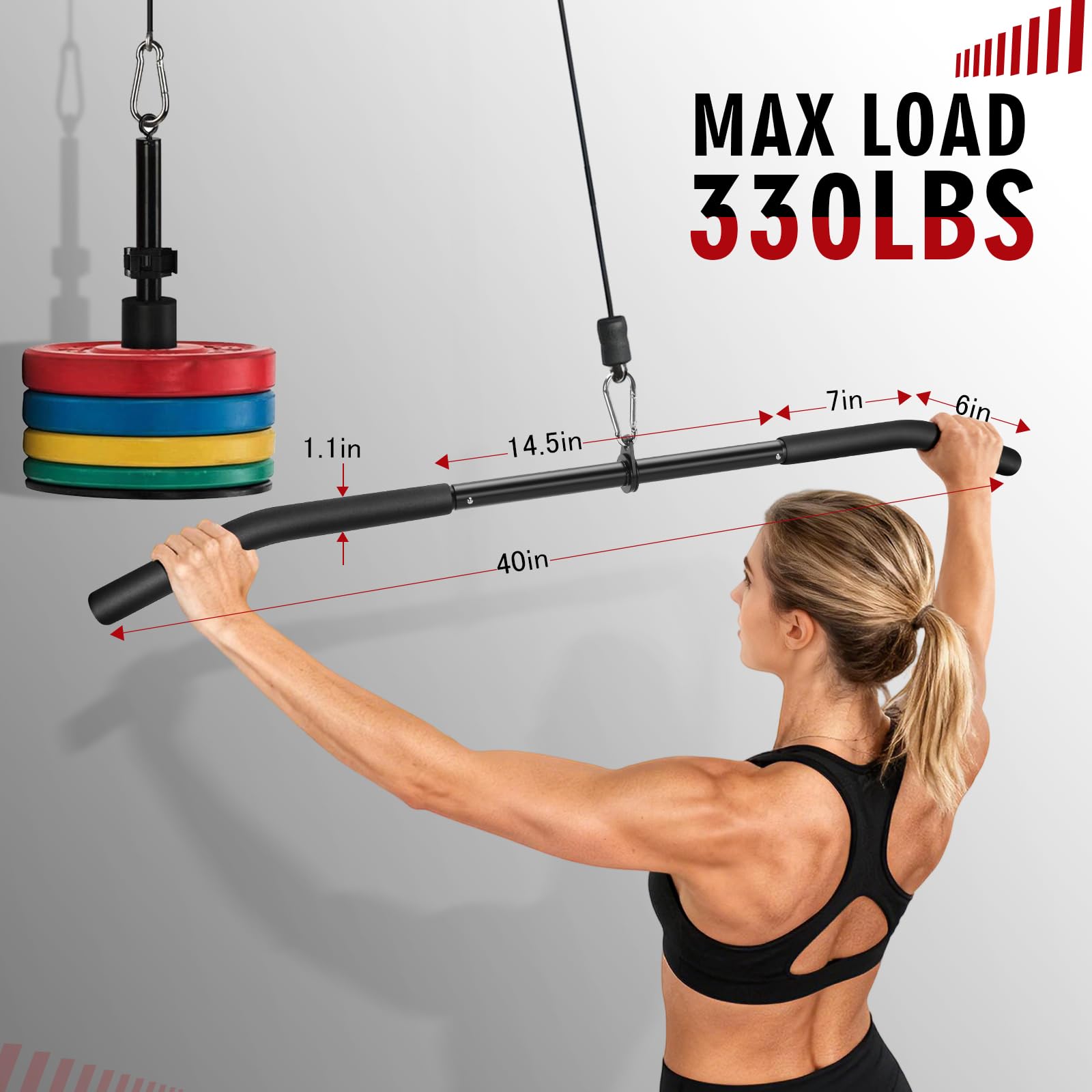 Lovind next to a dumbbell showing 39.7-inch scale for size and compatibility
