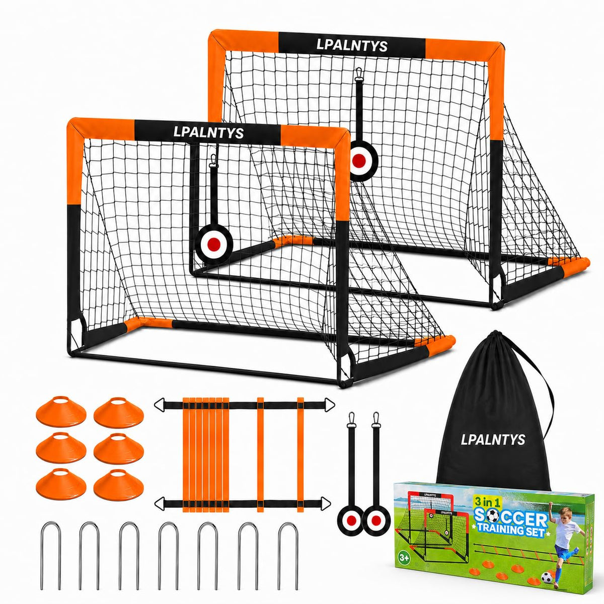 LPALNTYS front view of two orange goals showing kit readiness and practice benefit