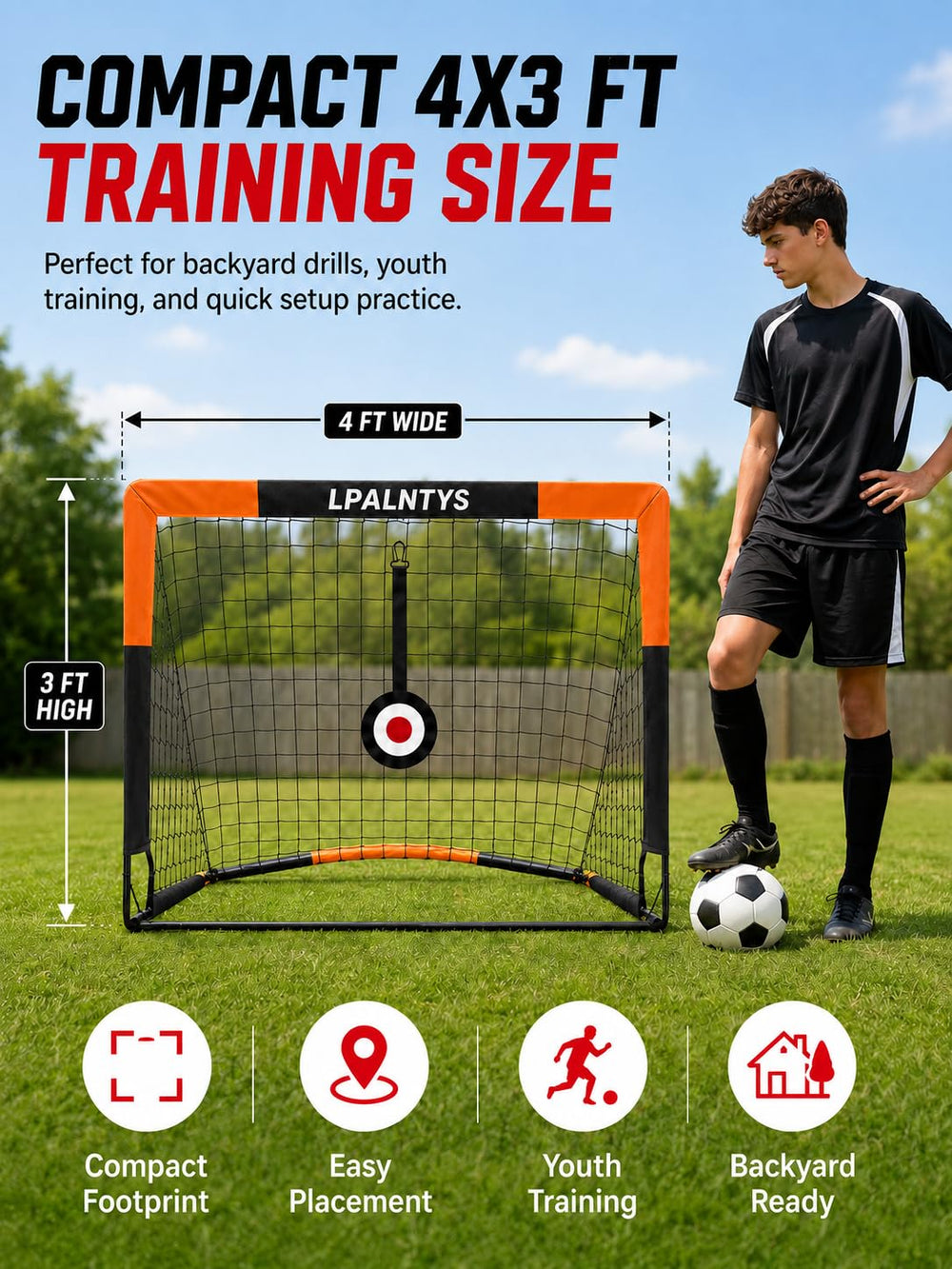 LPALNTYS goal beside child showing 4x3ft scale and age-appropriate size benefit