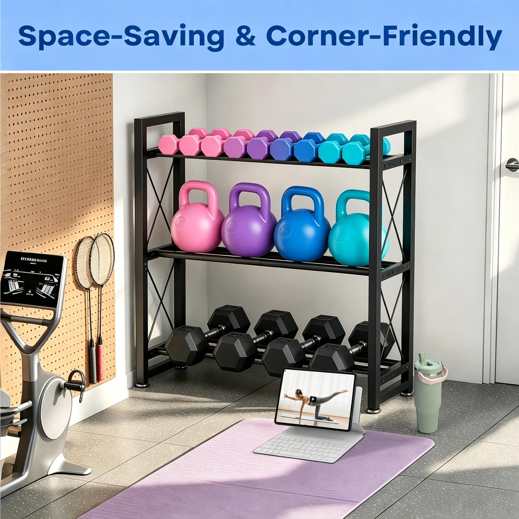 LRYXEG rack placed in a corner saving floor space in home gym