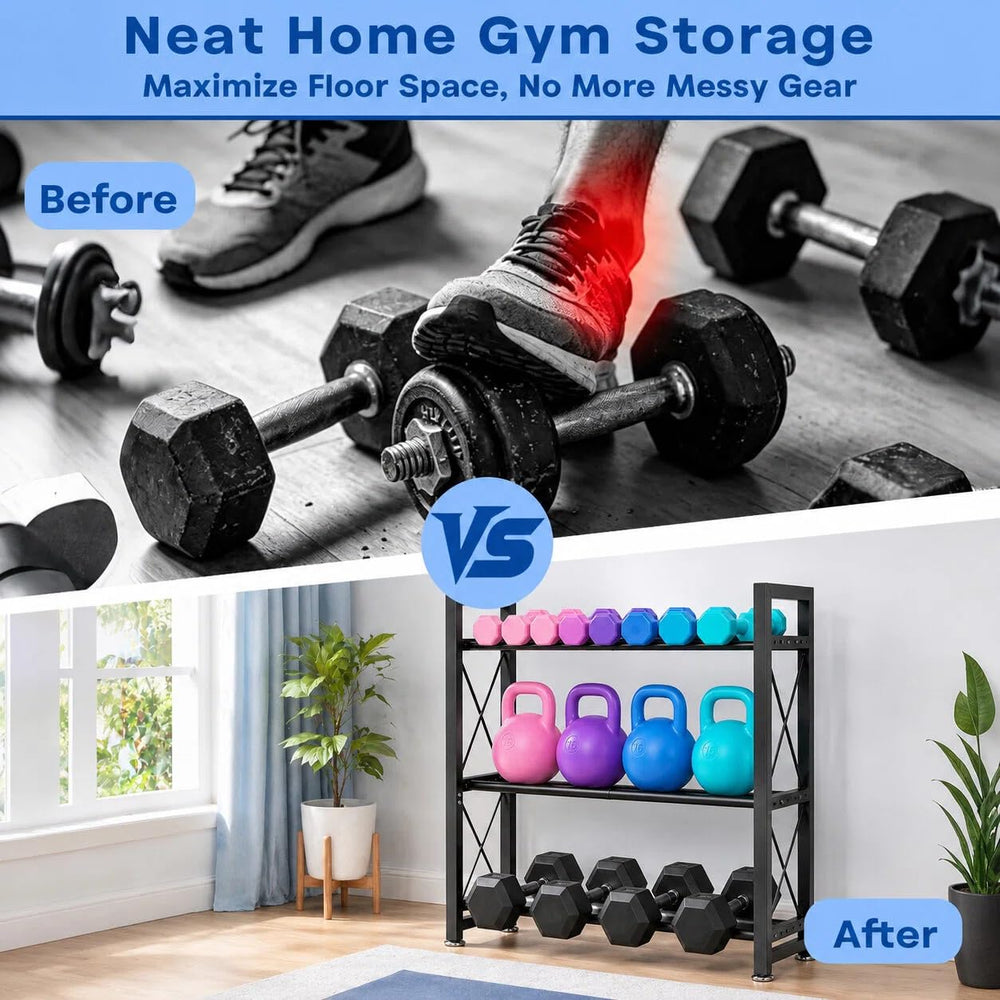 LRYXEG rack holding kettlebells and accessories for versatile storage