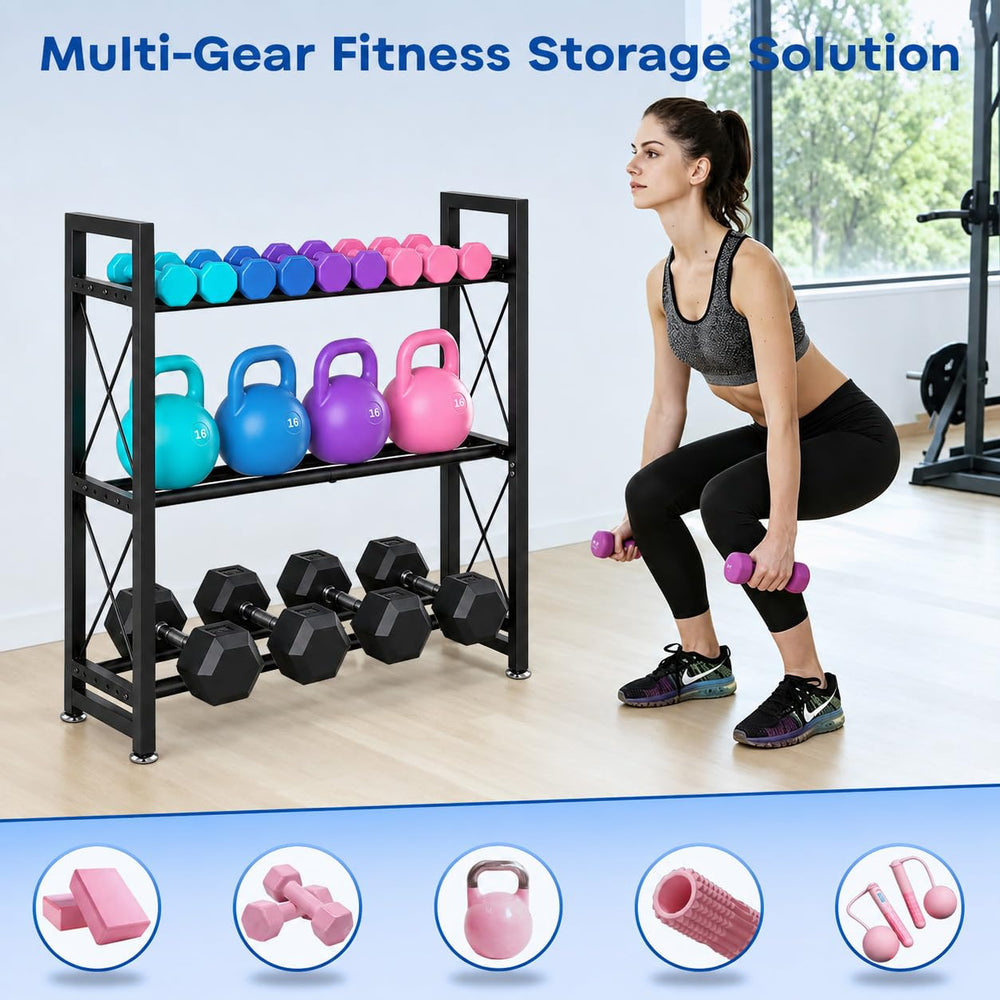 LRYXEG rack loaded with dumbbells demonstrating 450 lb capacity