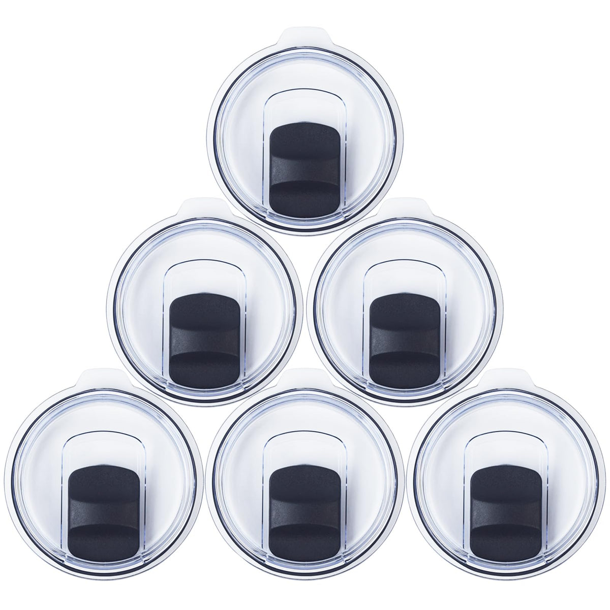 Lubise front view of 6-pack lids showing clear BPA-free lids and fit