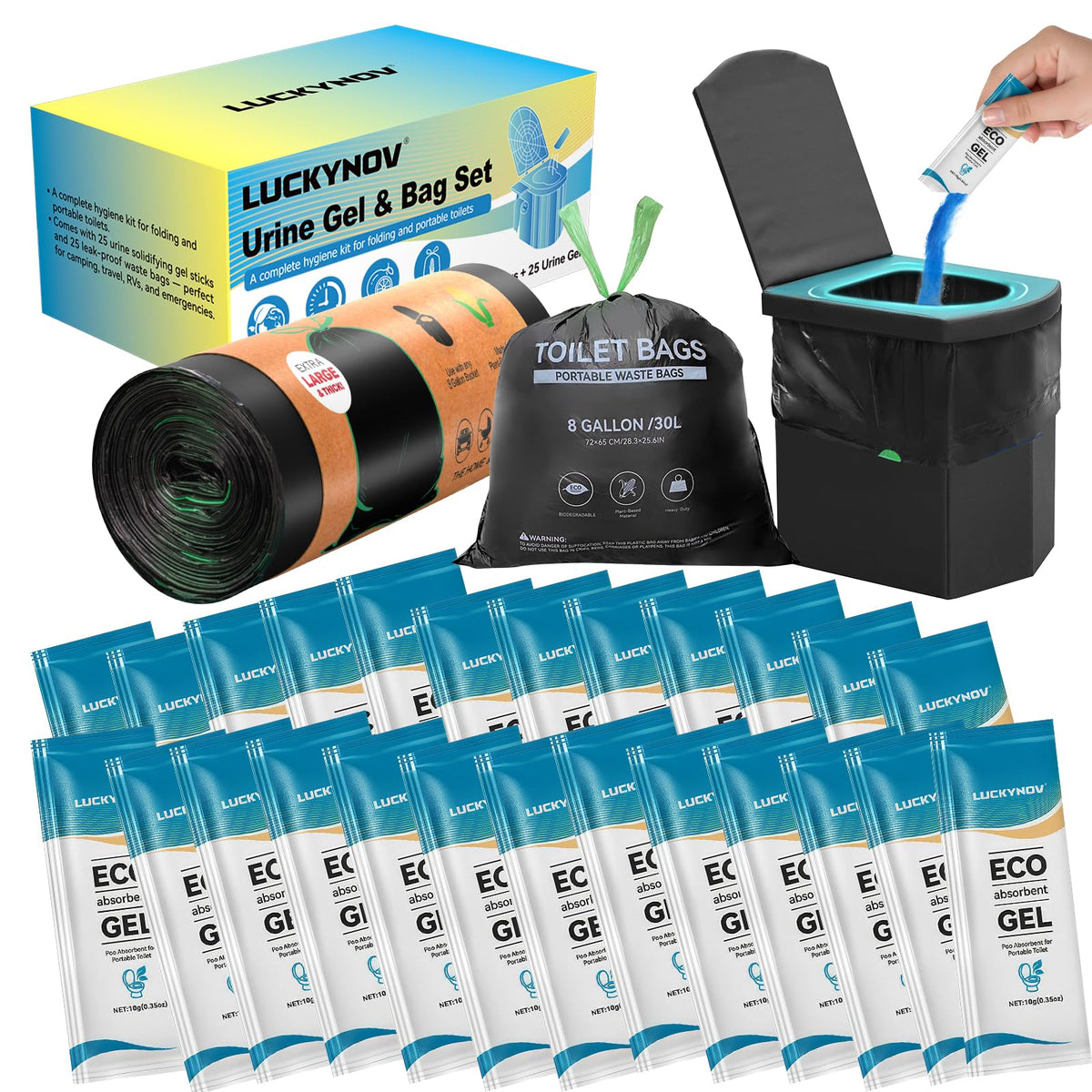 LuckyNov front package showing 25 bags and 25 gels, convenient storage benefit
