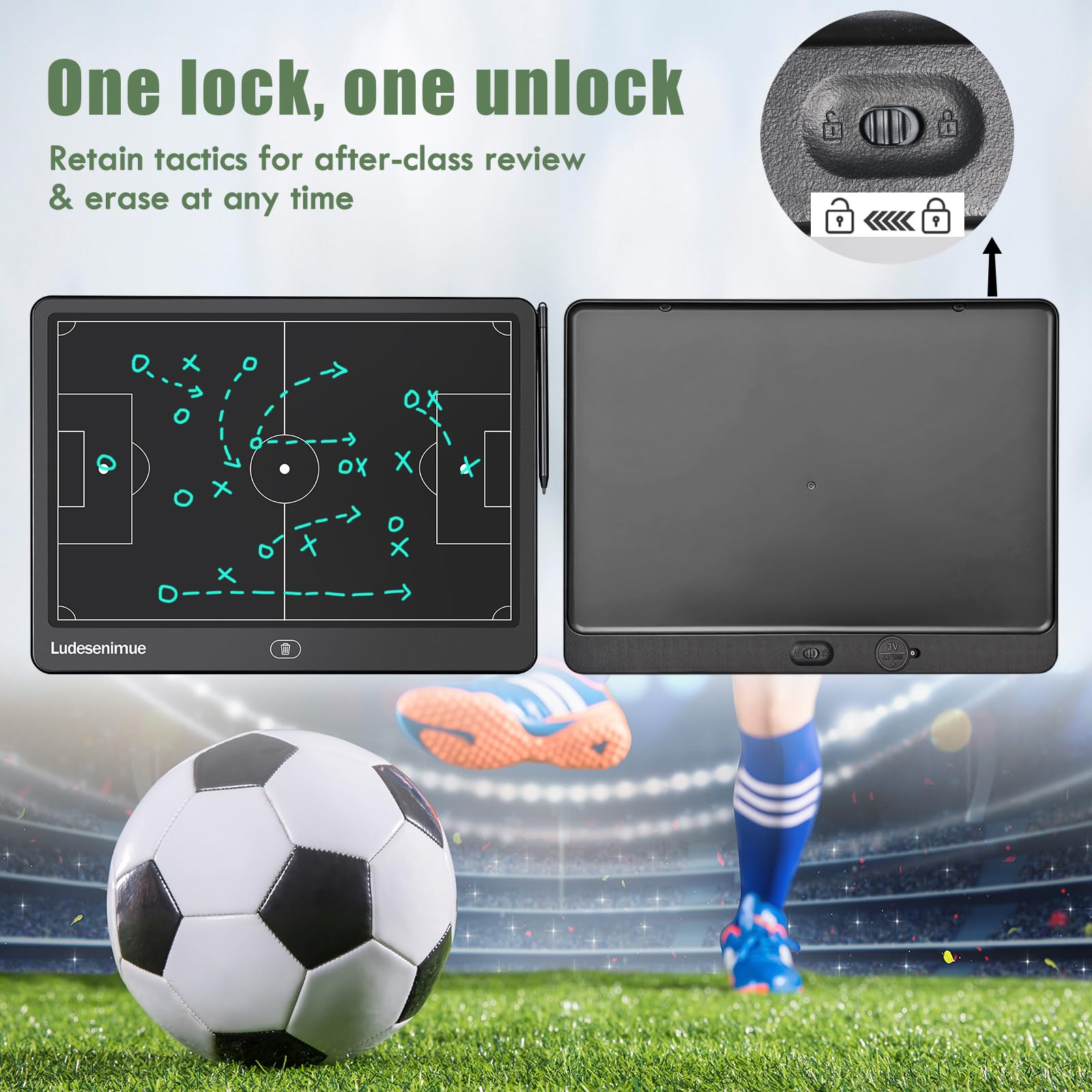 LUDESENIMUE size comparison beside a clipboard showing lightweight portability for coaches