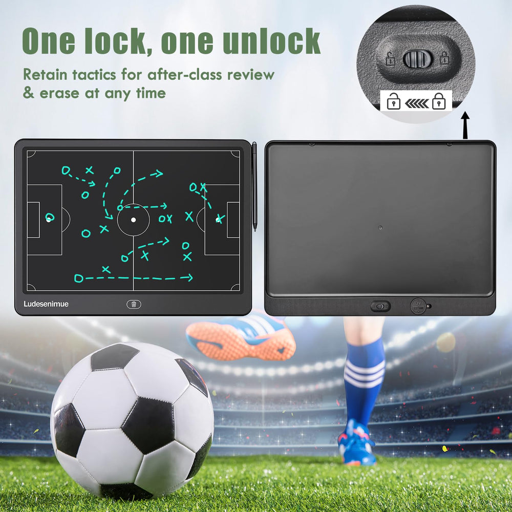 LUDESENIMUE size comparison beside a clipboard showing lightweight portability for coaches