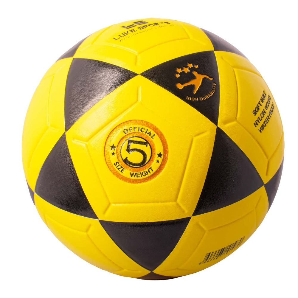 Size comparison of Luke Sports futvolleyball with a hand to show scale and easy handling for players