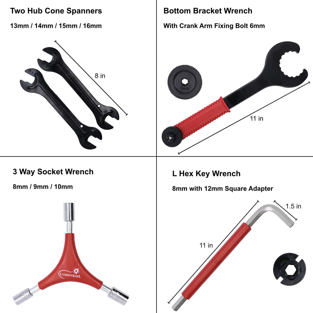 Lumintrail spoke wrench and cone spanners for accurate wheel and hub adjustments