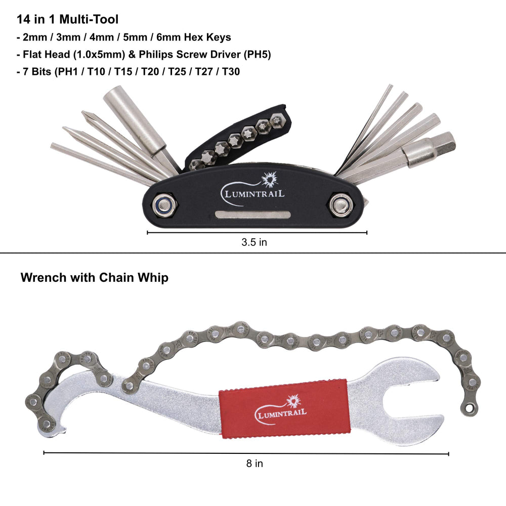 Lumintrail tire levers and 14-in-1 multi-tool showing versatile roadside repair