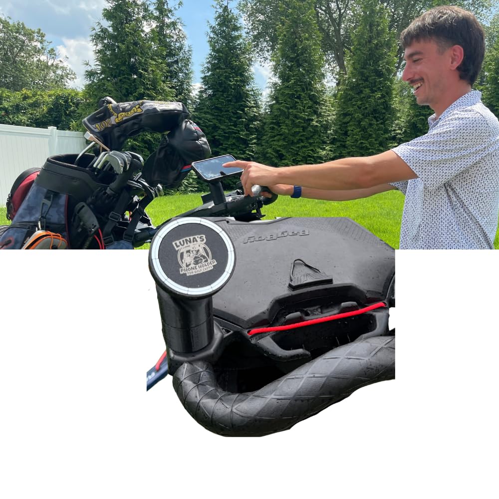Luna's Phone Holder front-mounted on Bag Boy port, secure phone access