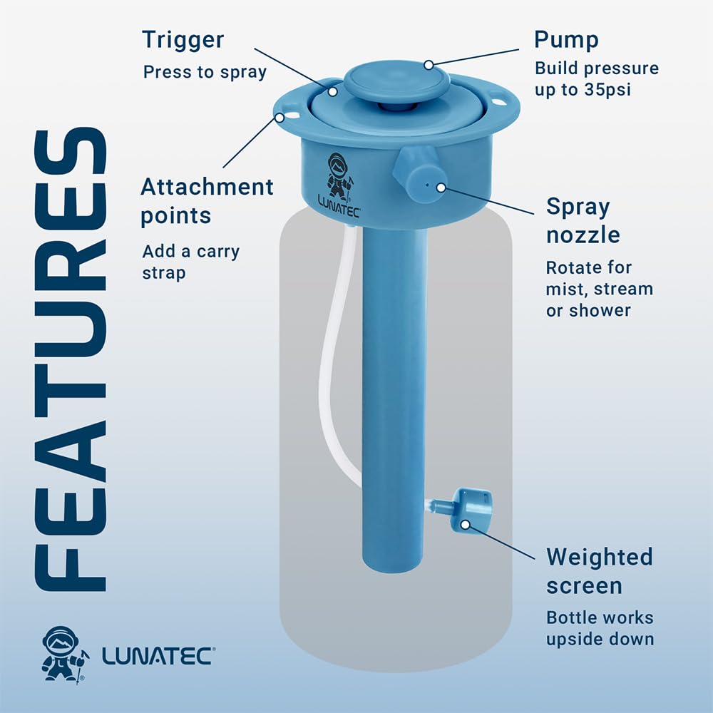 Lunatec set up as a camping shower demonstrating hot-water rinsing without power