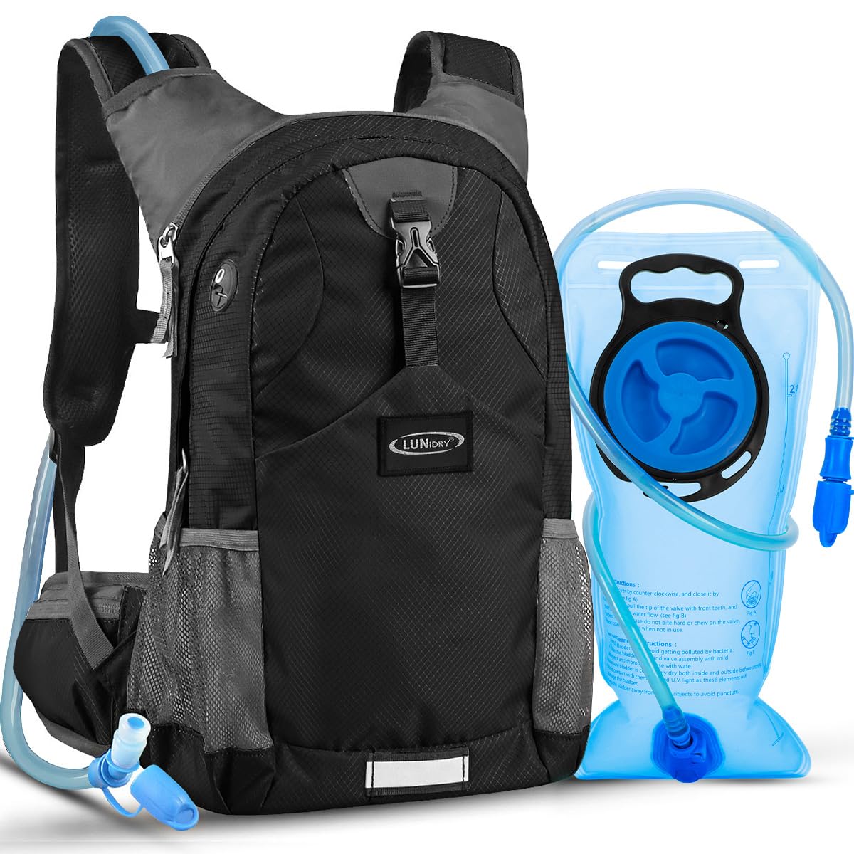 Lunidry front view of hydration backpack showing lightweight design and pockets