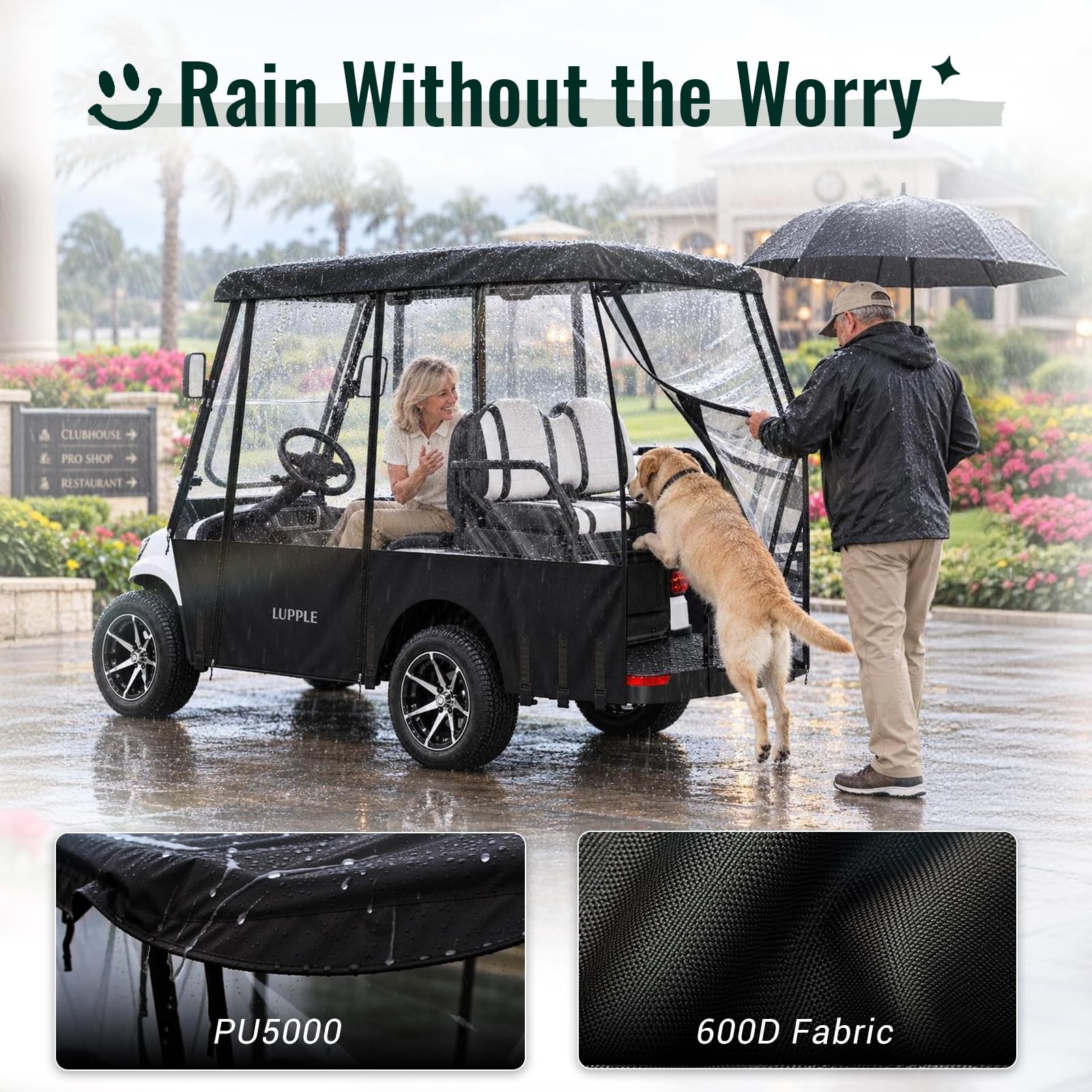 LUPPLE installed on a Club Car Onward side profile showing full coverage and wind protection