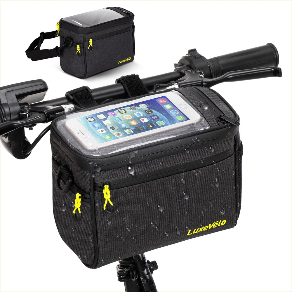 LUXECYCLES front view handlebar bag showing organized storage benefit