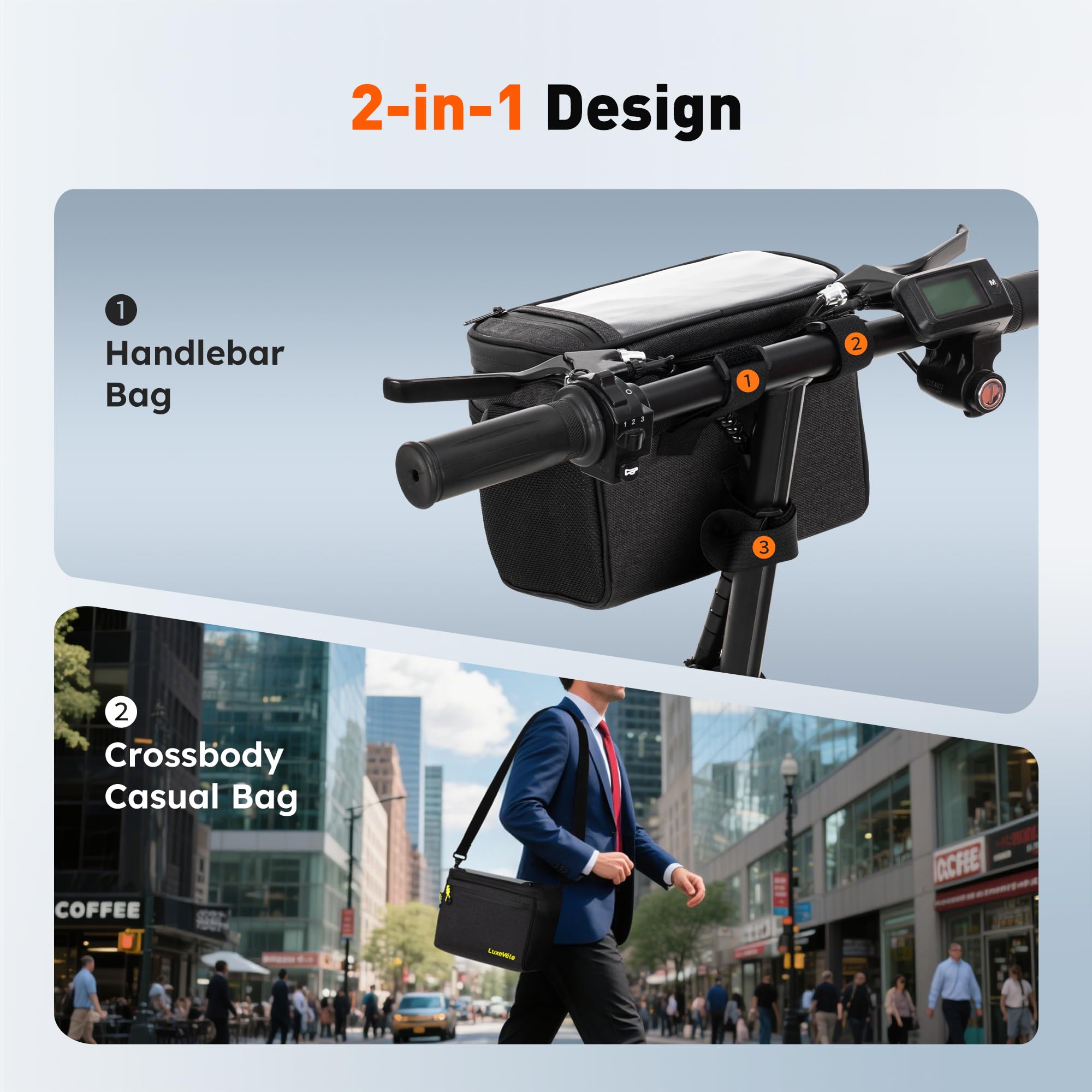 LUXECYCLES mounted on city bike lifestyle image for commuter convenience