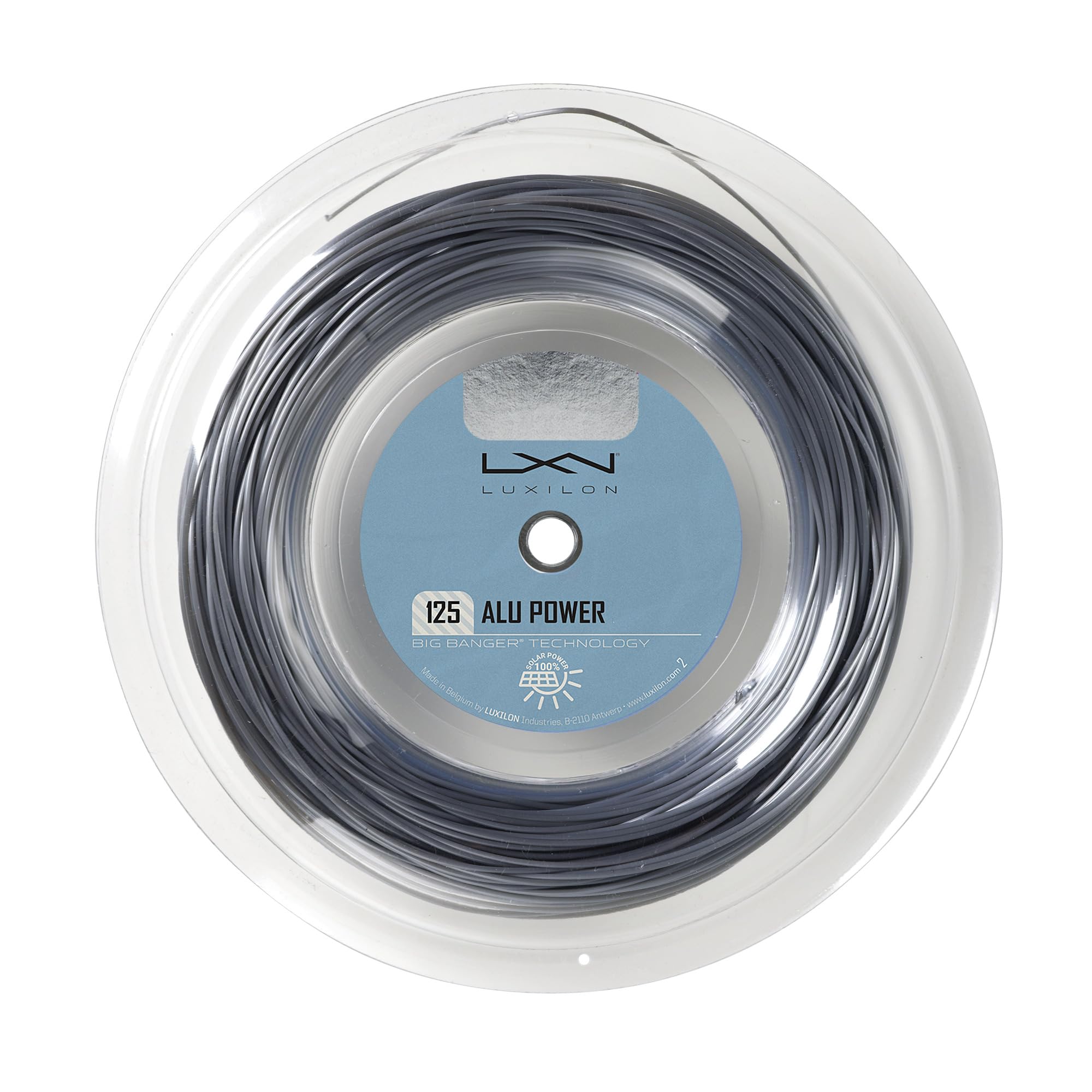 Luxilon ALU Power 125 front view showing silver reel and label for quality assurance